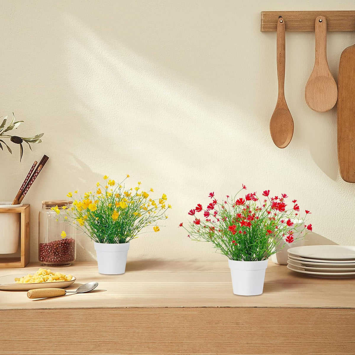 Artificial Babys Breath Potted Fake Plants with Flowers Faux Plants Indoor for Home Office Bookshelf Table Room Decor (Red)