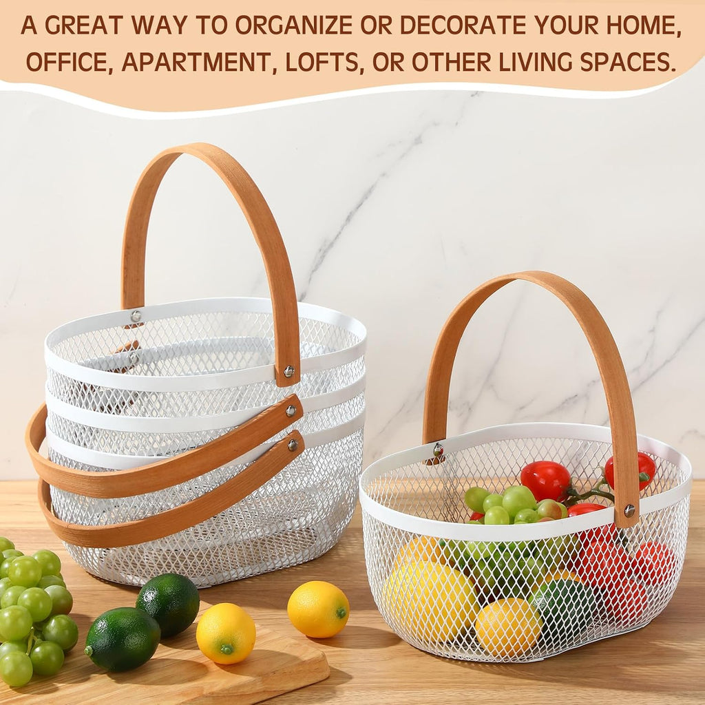Maxcheck 4 Pcs Oval Metal Wire Baskets with Handles for Kitchen, White