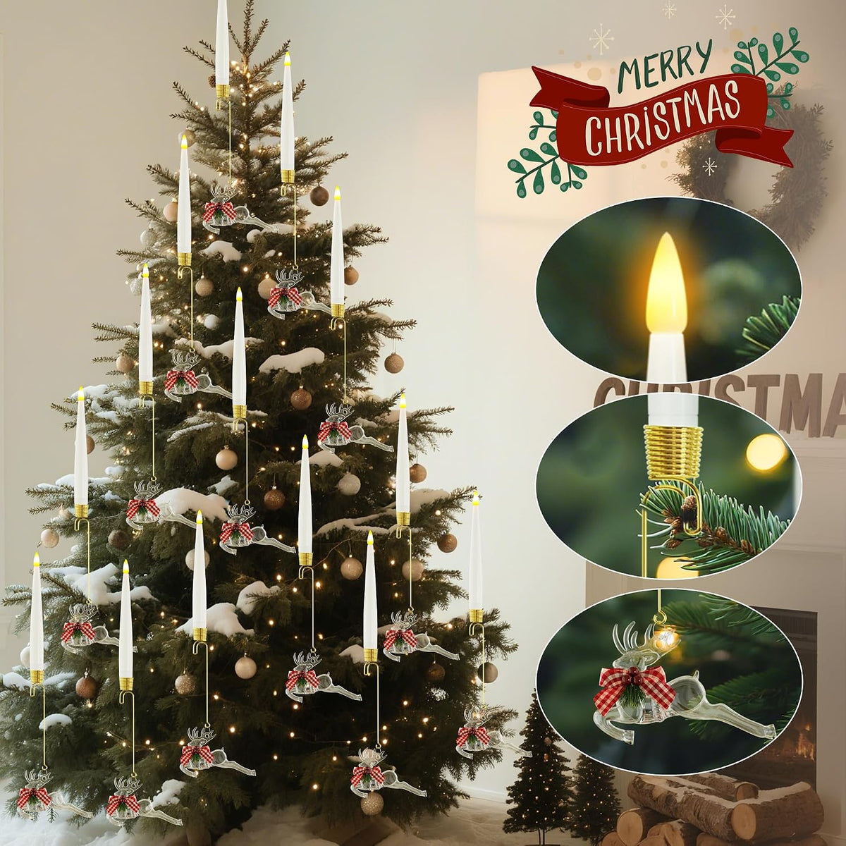 Christmas Tree Candles with Remote, 6 Pack Battery Operated Christmas Candles, LED Candlesticks for Xmas Tree Decoration, Flickering Flameless Candle for New Year Home Party Decor, Reindeer