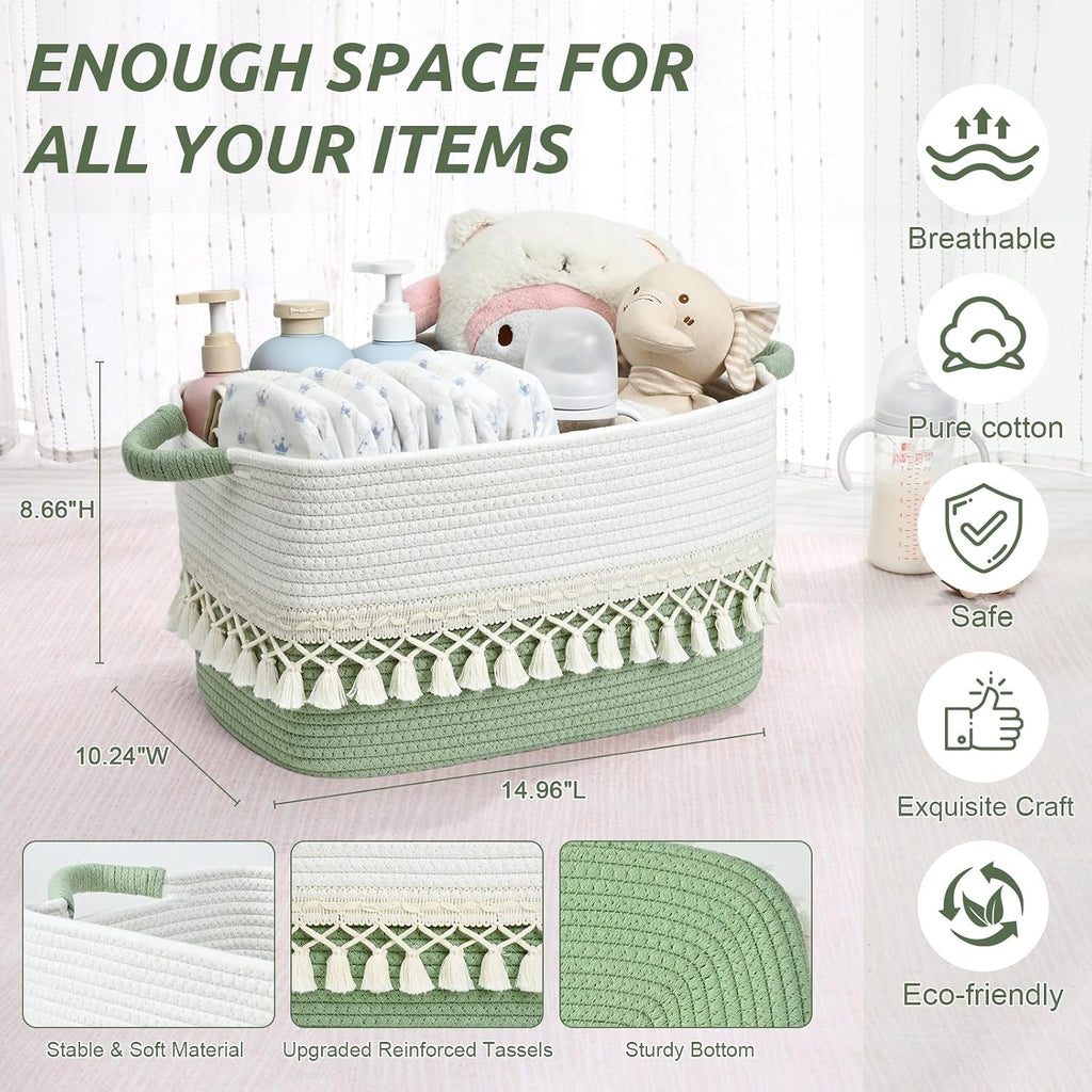 2 Pack Storage Basket, Heavy Tassel Woven Baskets for Storage, Boho Cotton Rope Storage Bin, Cube Organizer Bins, Baby Laundry Basket for Clothes, Toys, Diapers, Pets（White & Green）