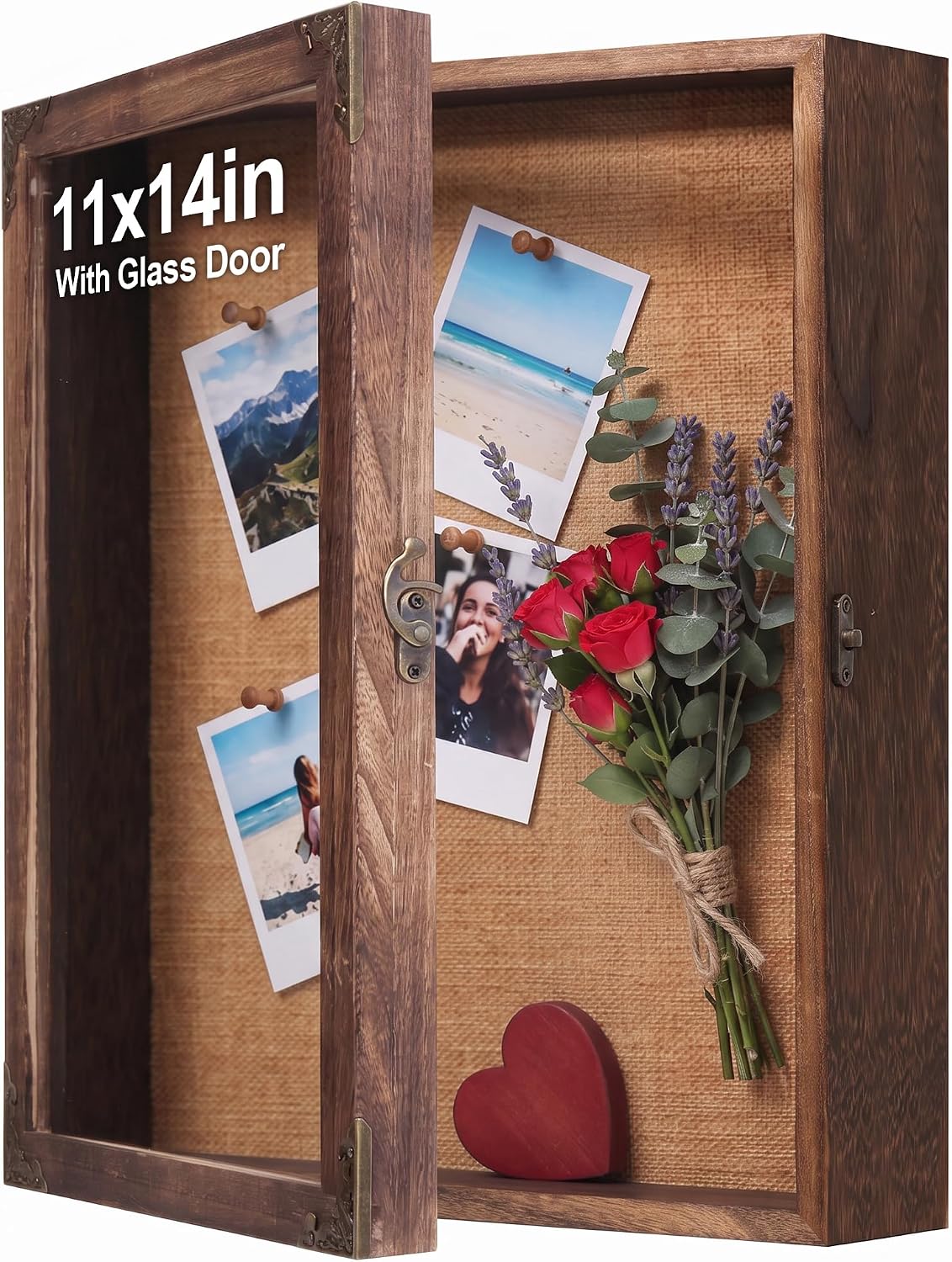 Shadow Box Frame 11x14 with Glass Door, Solid Wood Display Case, Rustic Memory Box with Vintage Lock for Wedding Bouquet, Medals, Photos, Military Memorabilia & Keepsakes
