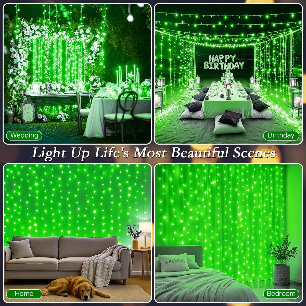 300 LED Green Curtain String Lights 9.8x9.8FT, Plug in Fairy Lights, 9 Hooks, Dimmable Timer 8 Modes, IP44 Waterproof, Gaming Room Wall Summer Patio Party Jungle Window Indoor Outdoor Decor