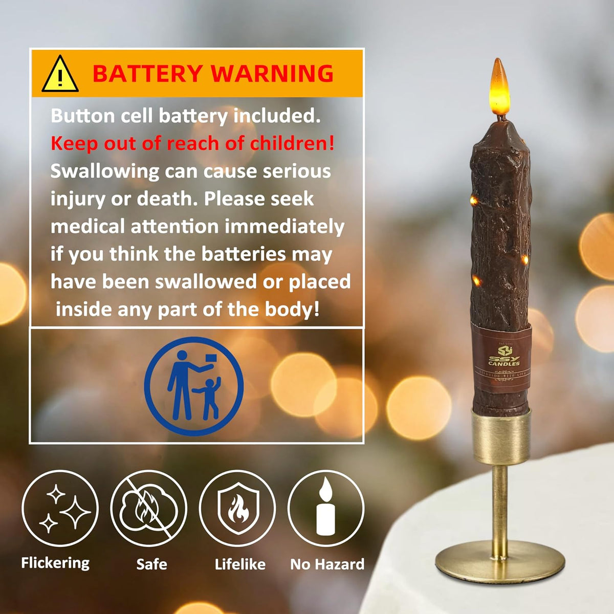 6.5 inch Flameless Brown Taper Candles Flickering with 10-Key Remote, Battery Operated Led Warm 3D Wick Light Window Candles Real Wax Pack of 4, Christmas Home Wedding Decor
