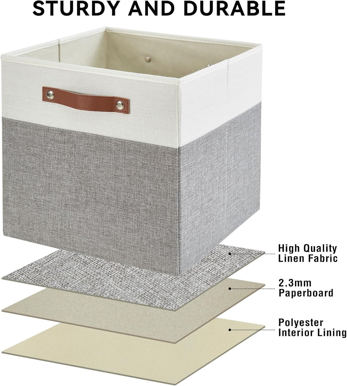 Bagnizer Collapsible Fabric Storage Cube Bins with 2 Reinforced PU Handles, Foldable Storage Organizer Baskets for Closet, Shelves, Living Room | 11"x11"x11", 4 Pack, Gray & White