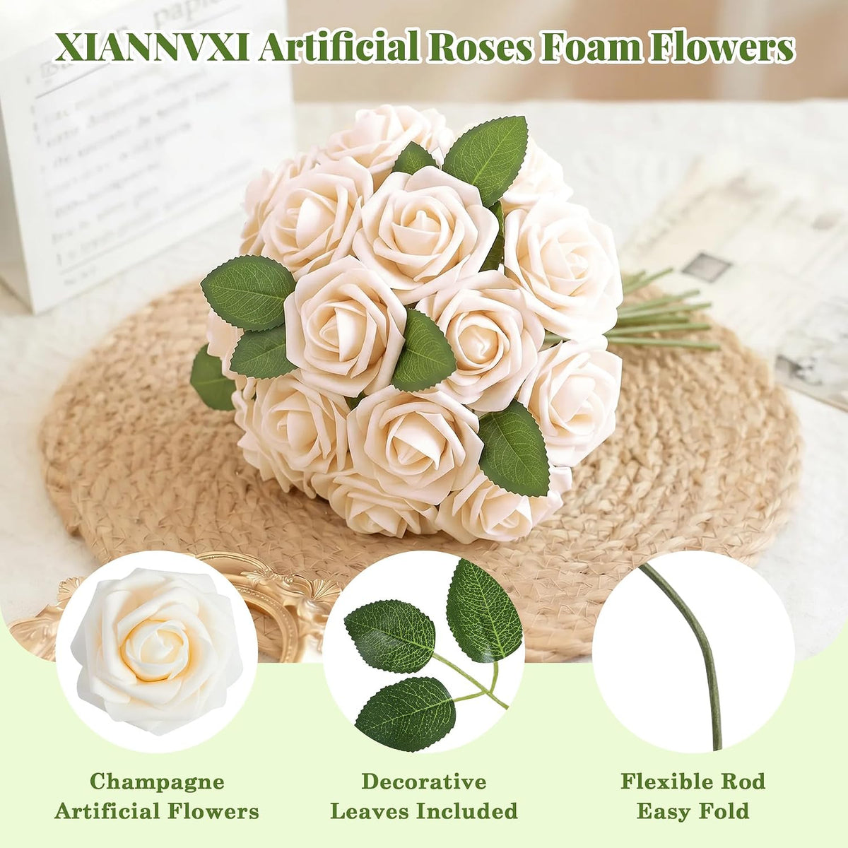 XIANNVXI 16Pcs Champagne Artificial Rose Foam Flowers