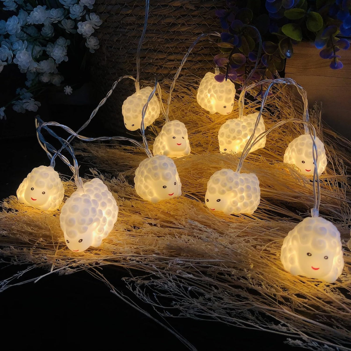 Cute Painted Sheep Night Light LED Sheep Ornaments String Lights White Sheep Fairy Light Battery Powered Indoor Outdoor Party Decor Night Light (20LED, White Sheep)