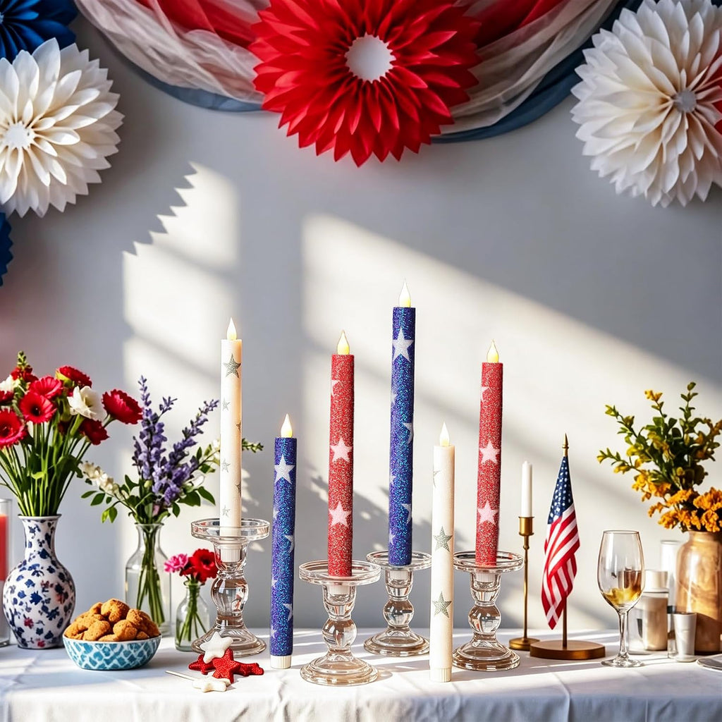 6 Pcs Patriotic Flameless Taper Candles, Glitter Red White and Blue Star Candles for 4th of July 250th Anniversary of Independence Day Home Party Decor, Battery Operated LED Candlesticks