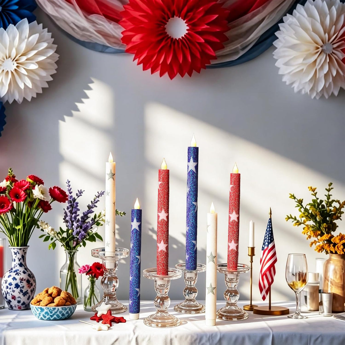 6 Pcs Patriotic Flameless Taper Candles, Glitter Red White and Blue Star Candles for 4th of July 250th Anniversary of Independence Day Home Party Decor, Battery Operated LED Candlesticks