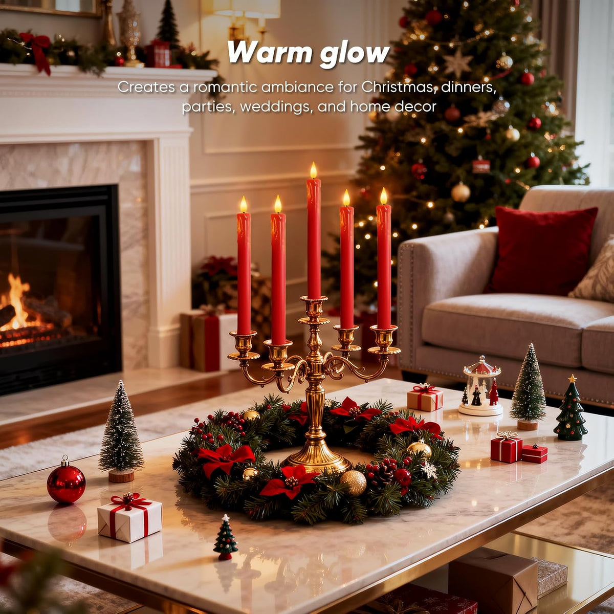 Homemory 6 Pcs Real Wax Made Flameless Taper Candles with Remote and Timer, Red Battery Operated Candlesticks Flickering, 9.6" Led Taper Candles with Lifelike Flame for Xmas Home Date Decor