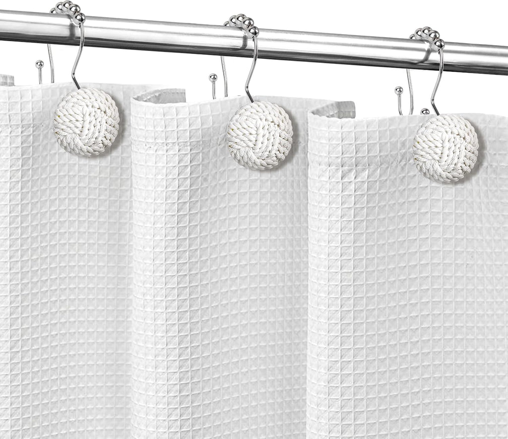 Sunlit Boho Knots Double Shower Curtain Hooks, Home Decorative White Shower Curtain Rings for Bathroom, Seaside Nautical Shower Curtain Hangers Bathroom Accessories, Set of 12