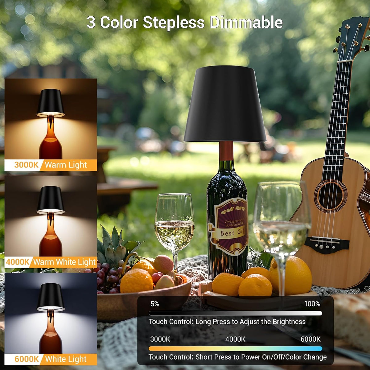 Wine Bottle Lights, Wireless Bottle Lamp Shade with 3 Color Temperature, Rechargeable Stepless Dimming LED Bottle Lights for Liquor Bottles, Desk Lamp for Bedroom Restaurant Bar - Black