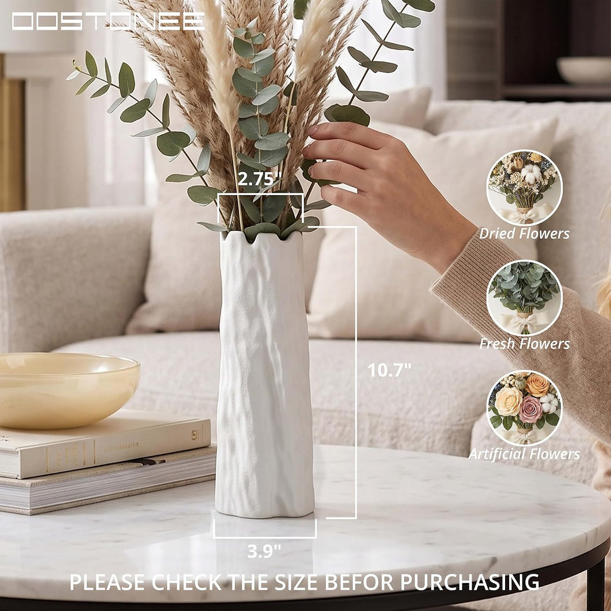 White Unique Vase for Home Decor - Organic Nature Shape for Boho Home Decor, Flower Vase for Modern Farmhouse Living Room, Entryway Table Decor, Bookshelf (10.7 inch