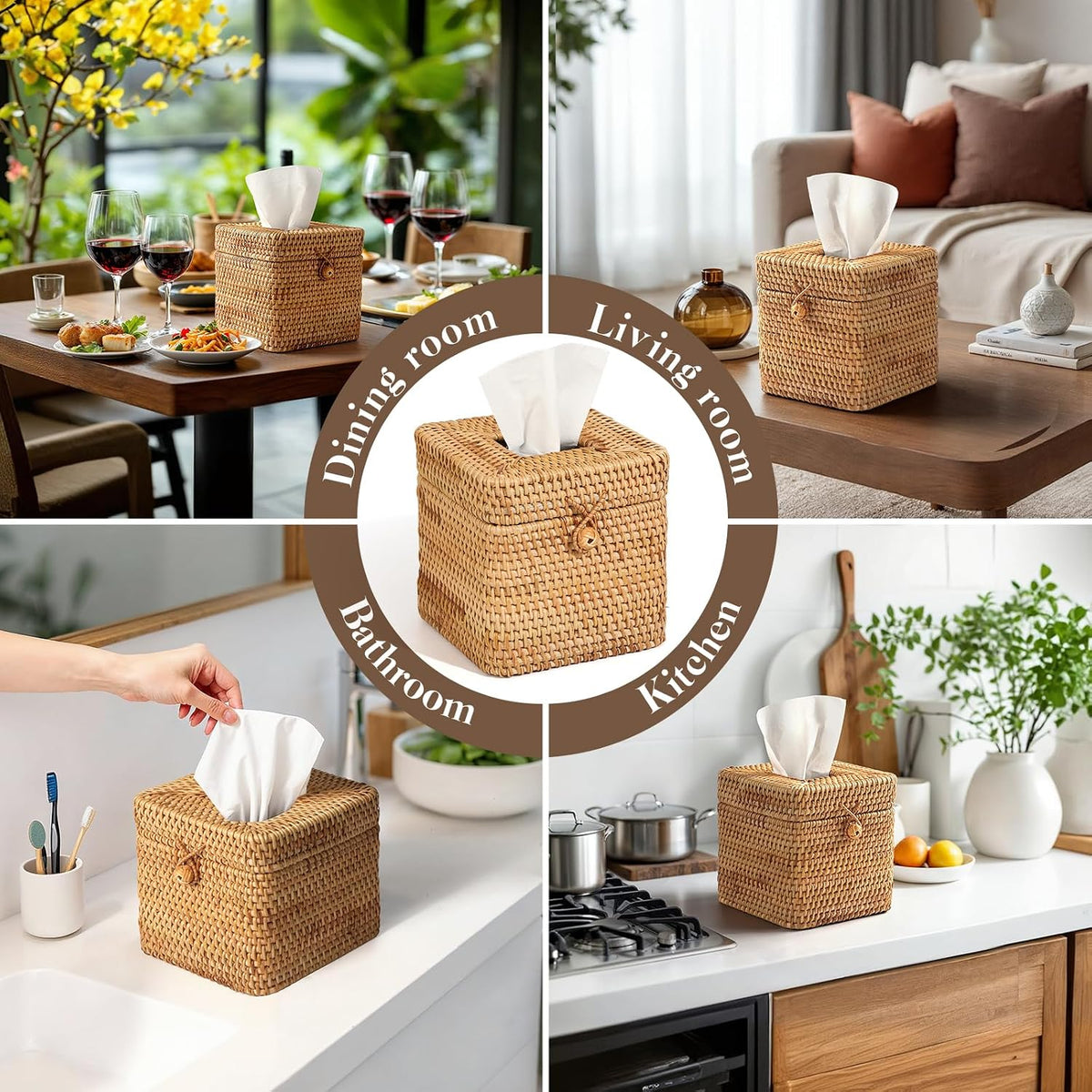 2 Pcs Rattan Tissue Box Cover 5.7" x 5.7" x 5.7"Rattan Square Tissue Box Cover Decorative Woven Facial Tissue Holder with Hinged Top Lid for Home Office Desk Living Room Bathroom Dec