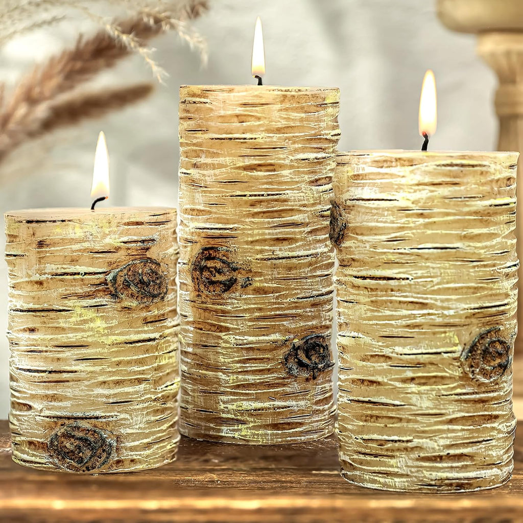 Birch Bark Pillar Candle Set of 3, Real Wax Fireplace Decor Candles