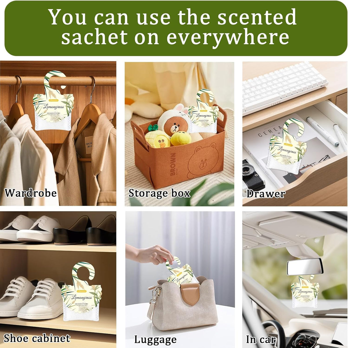 15 Packs Lemongrass Scented Sachets for Drawers and Closets, Air Freshener
