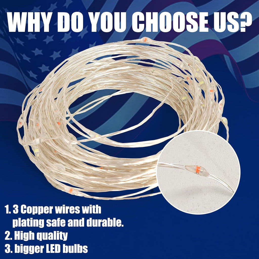 4th of July Lights Red-White-Blue Decorations - 100 LED 50 Photo Clips String Lights Holder 33FT Starry Fairy Lights Hanging Pictures Cards Memos USB Powered&Switch Bedroom Dorm Christmas Decor Tree