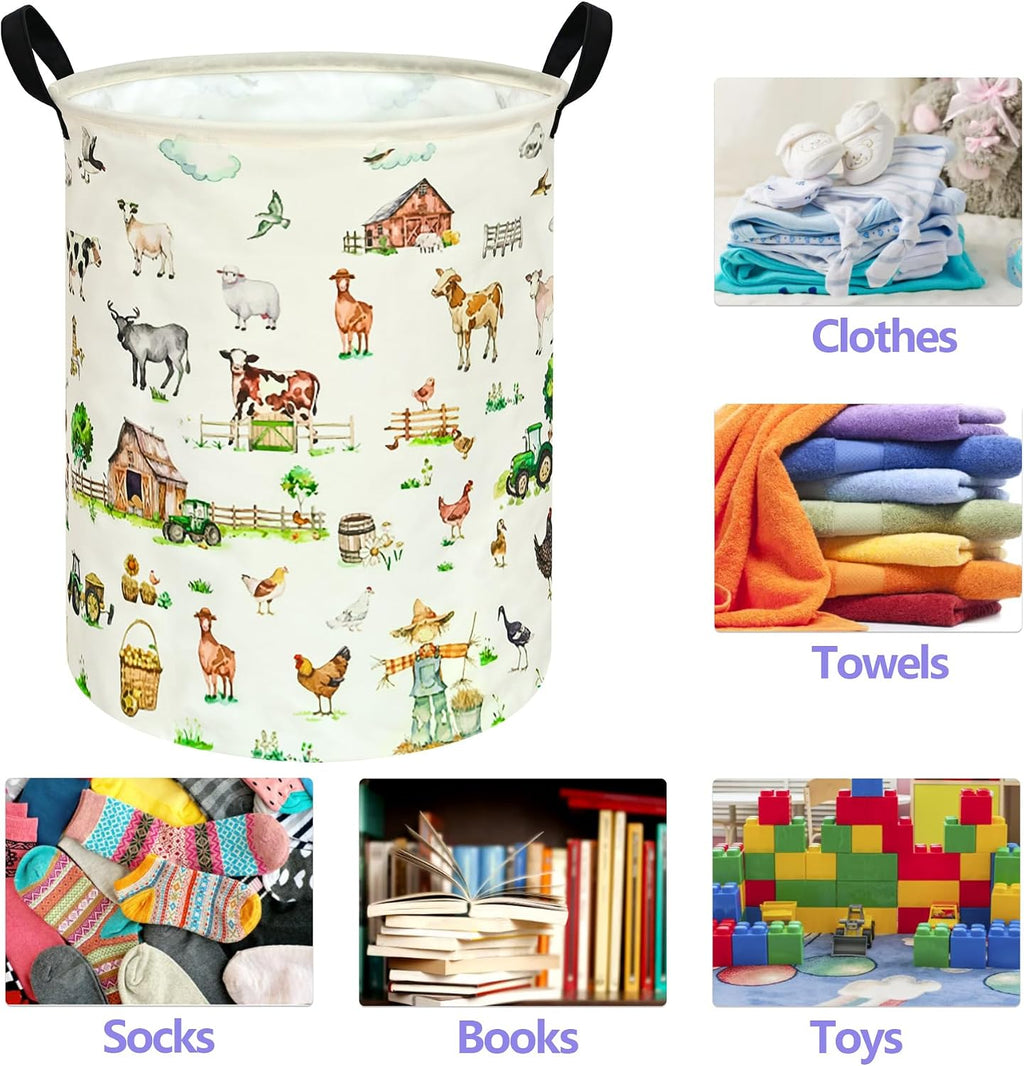 Farm Animal Laundry Hamper, Round Collapsible Laundry Basket with Handles, Cotton Linen Storage Bin for Clothes, Blankets, Toys, Bedroom, Dorm Room and Farmhouse Decor
