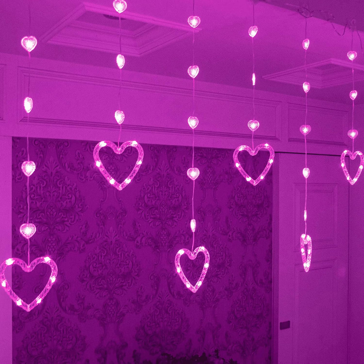YOLIGHT Heart Curtain Lights, 9.8ft Valentine's Day Decoration, USB sLED Hearts String Lights, Light up Heart Hanging Lights for Valentines Mother's Day Room Decor (Pink)