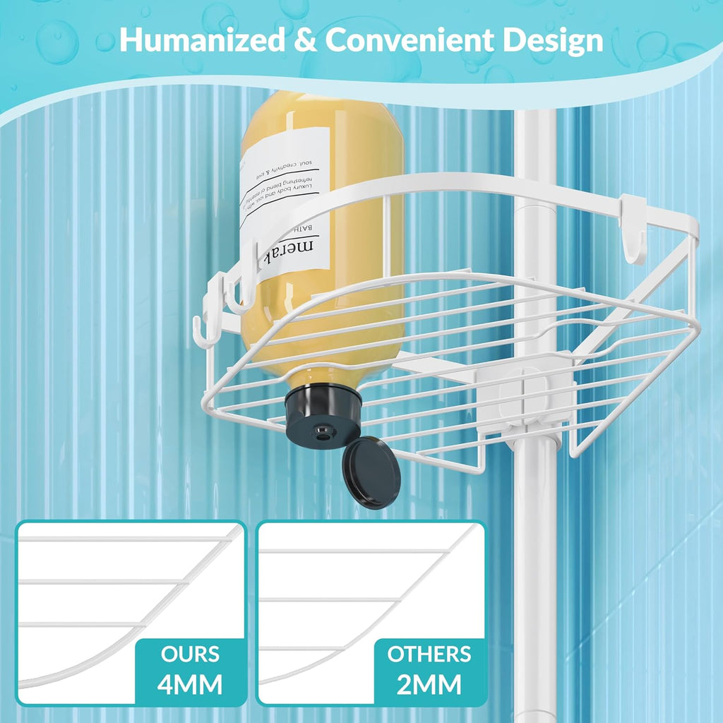Shower Caddy Tension Pole, 4-Tier Adjustable Corner Shower Standing Caddy, Rustproof Shower Rack for Bathroom Bathtub, with 4 Shelves, No Drilling Shower Shelf for Inside Shower (White)
