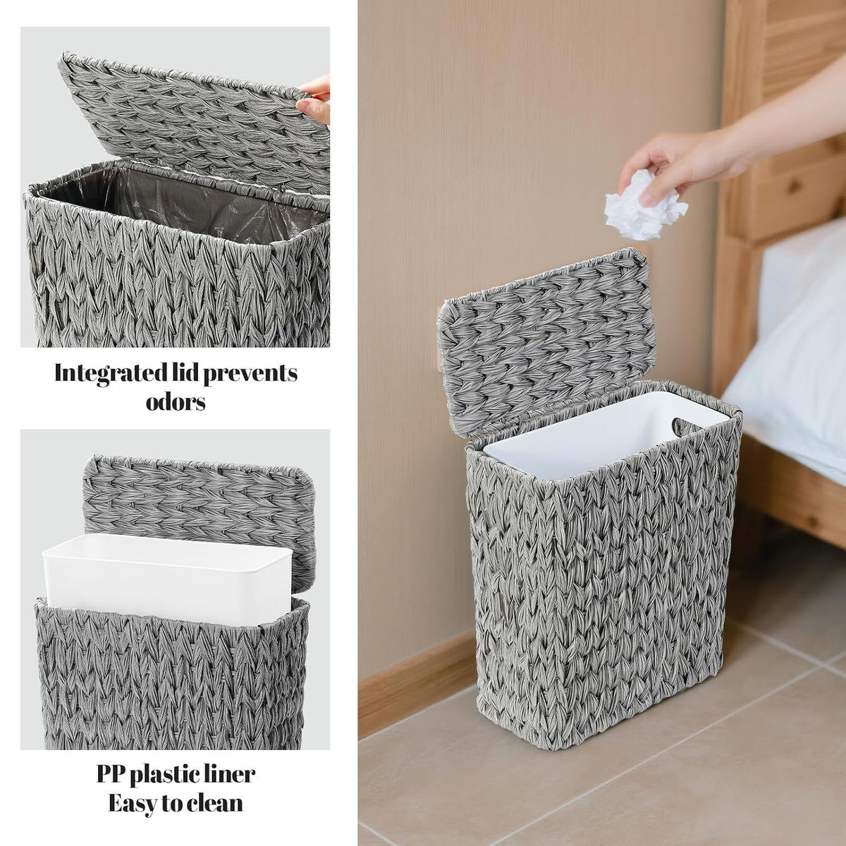Coeusy Wicker Trash Can with Lid & Liner, Small Bathroom Waste Basket, Grey