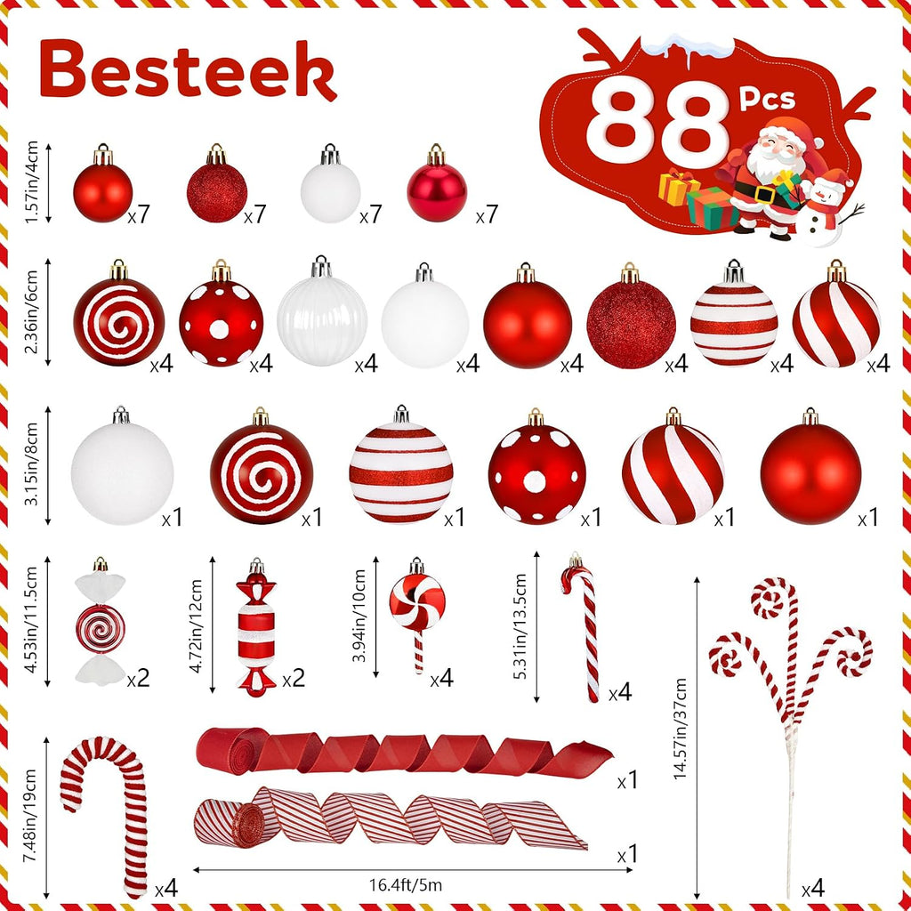88 Pcs Candy Cane Red and White Christmas Tree Ornaments Set