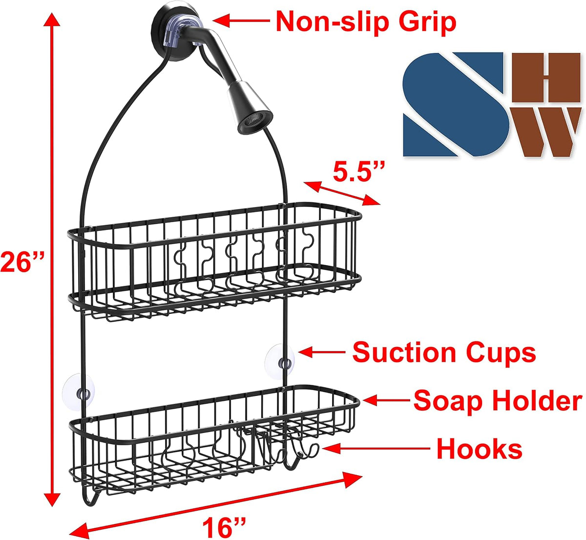 Simple Houseware Bathroom Hanging Shower Head Caddy Organizer, Black