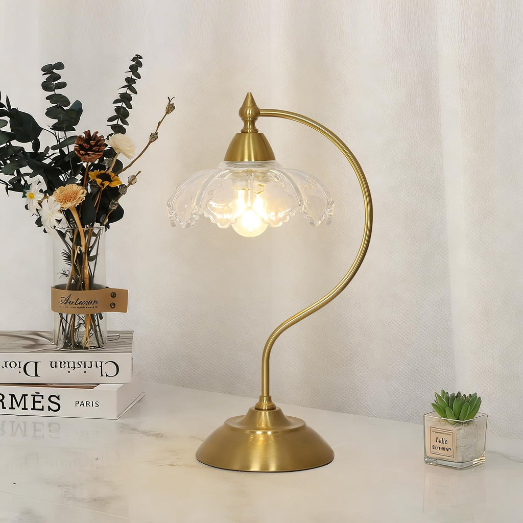 Glass Desk Lamp, Gold Table Lamps for Living Room, Brass Side Table Lamp with Clear Flower Shade, Desk Lamps for Home Office, Mid Century Modern Nightstand Lamp, Vintage Beside Lamp for Bedroom Decor