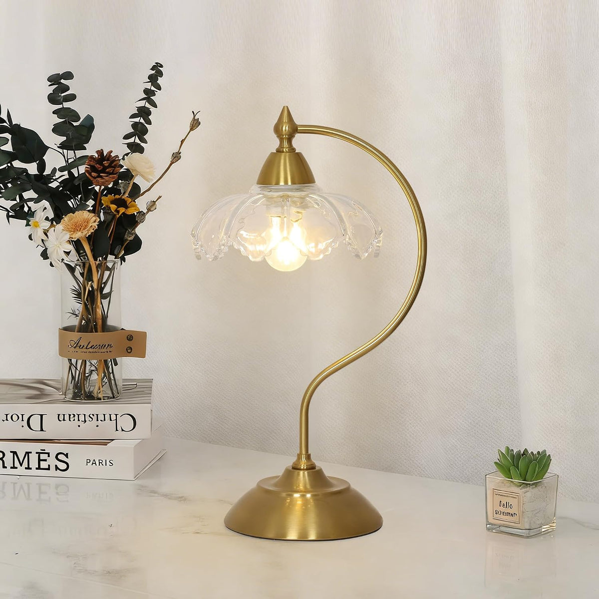 Glass Desk Lamp, Gold Table Lamps for Living Room, Brass Side Table Lamp with Clear Flower Shade, Desk Lamps for Home Office, Mid Century Modern Nightstand Lamp, Vintage Beside Lamp for Bedroom Decor