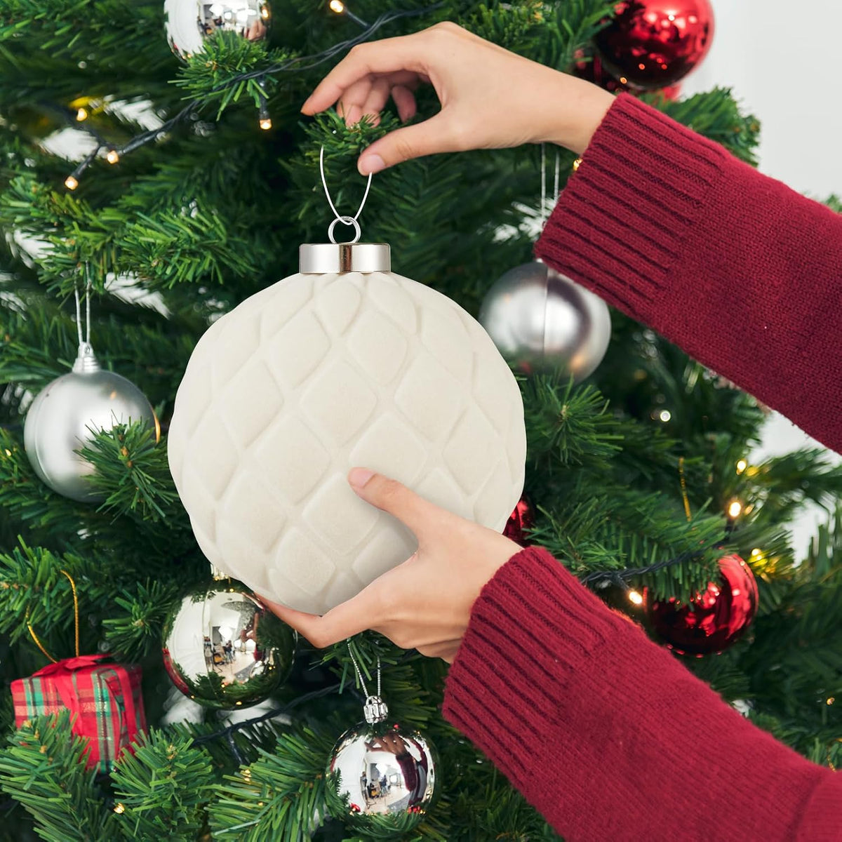 Large Velvet Christmas Ball Ornaments - 6 Inch Flocked Christmas Balls Shatterproof Decorative Hanging Ornaments Set for Xmas Tree Holiday Wedding Party Decor (Cream, 2pcs)