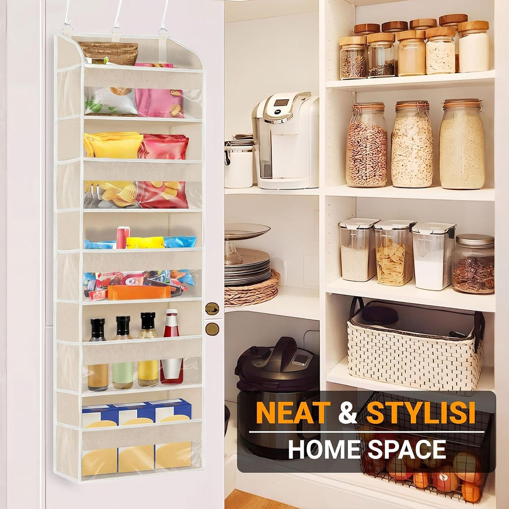 5 Layers Over The Door Organizer with Clear Window, 10 Mesh Side Pockets and 3 Hooks, 1 Pack Large Pockets Heavy Duty Hanging Storage for Bedroom/Bathroom/Pantry/Nursery (Beige-1)