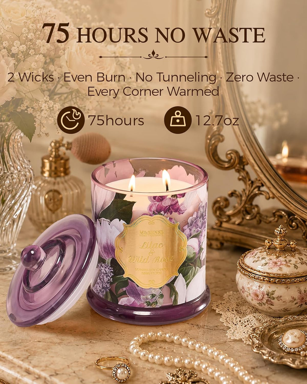 M&SENSE Lilac Wild Rose Non Toxic Large Soy Candle, 12.7oz Romance Scent