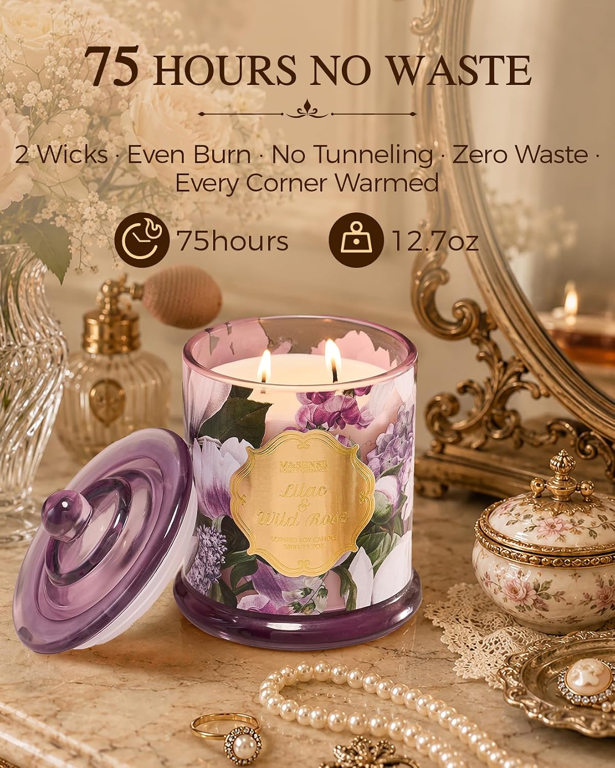 M&SENSE Lilac Wild Rose Non Toxic Large Soy Candle, 12.7oz Romance Scent