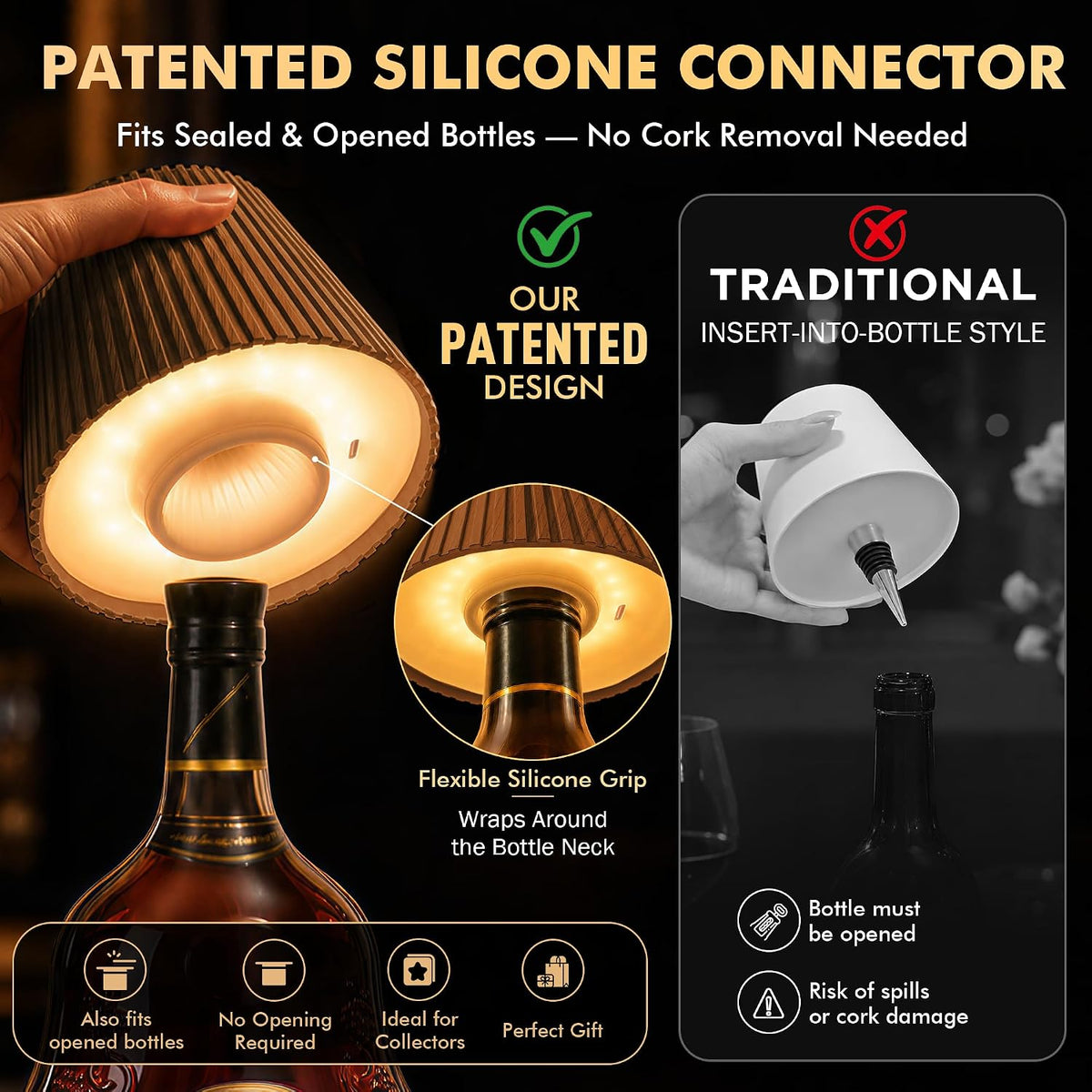 WILIT Wireless Bottle Lamp, Rechargeable Cordless Table Lamp Shades