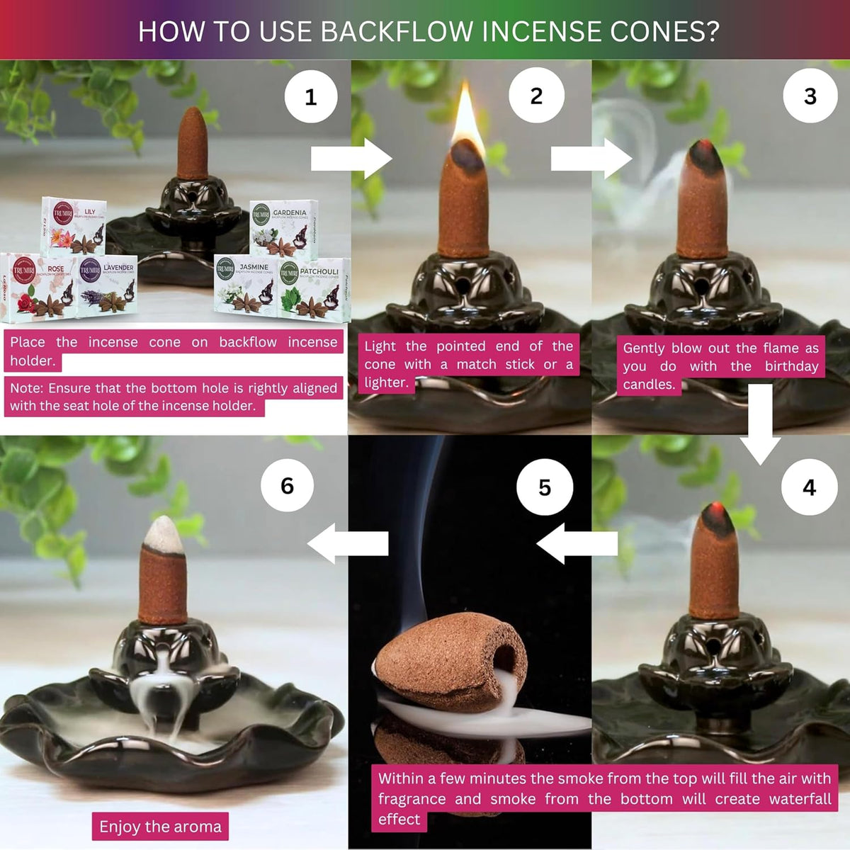 Floral - Backflow Incense Cones for Waterfall - Scented Inscents-Cones - Lavender, Jasmine, Rose, Patchouli, Lily, Gardenia - Insiensos Aromaticos - 6x10=60 Large Variety Pack