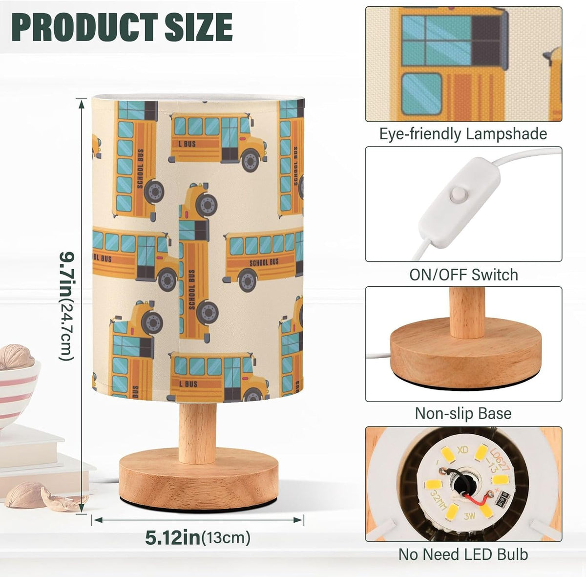 Retro School Bus LED Table Lamp with USB Port Rechargeable Lamps Bedroom Lamps for Nightstand Living Room Dorm Home Office Desk