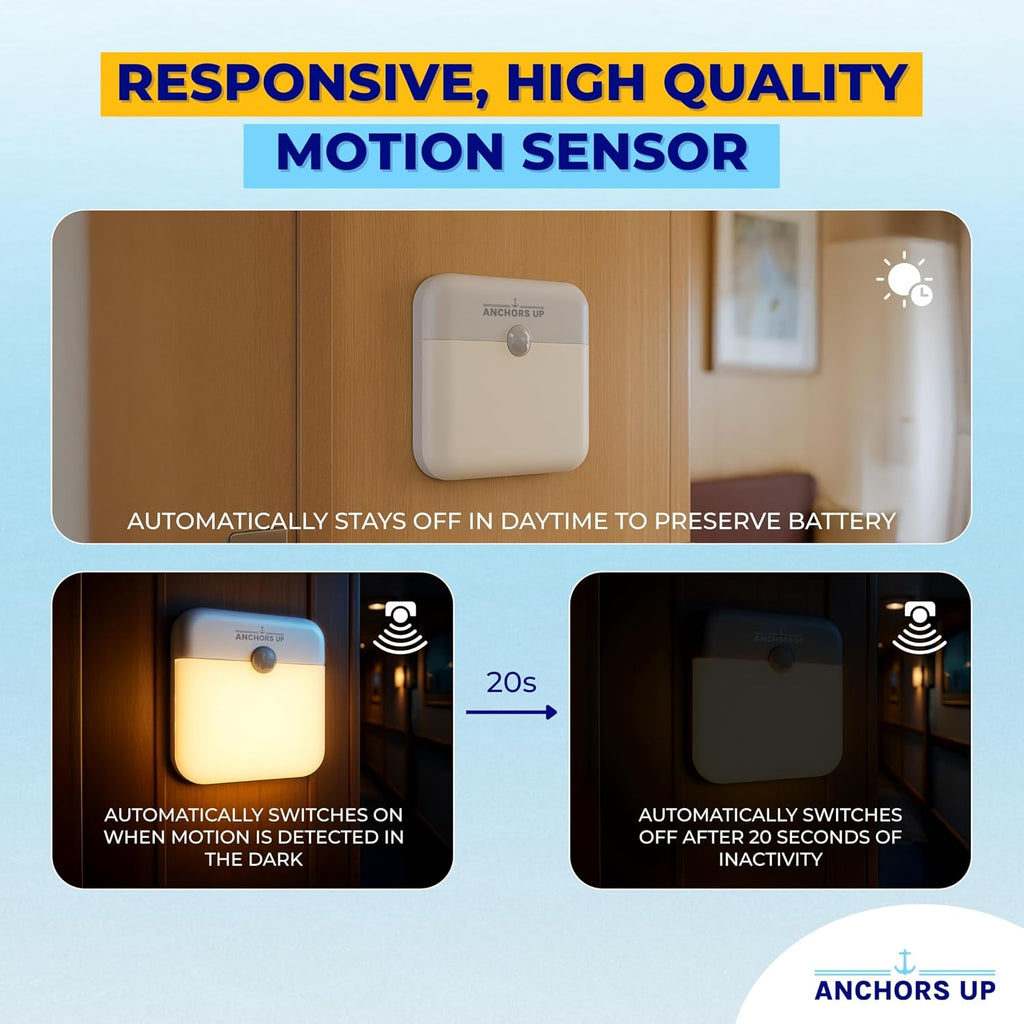 [2 Pack] Cruise Cabin & Hotel Room Magnetic Night Light with Motion Sensor USB Rechargeable – Warm White LED Motion Sensor Light – for Cruises, Hotels, Travel and More – Essentials by AnchorsUp