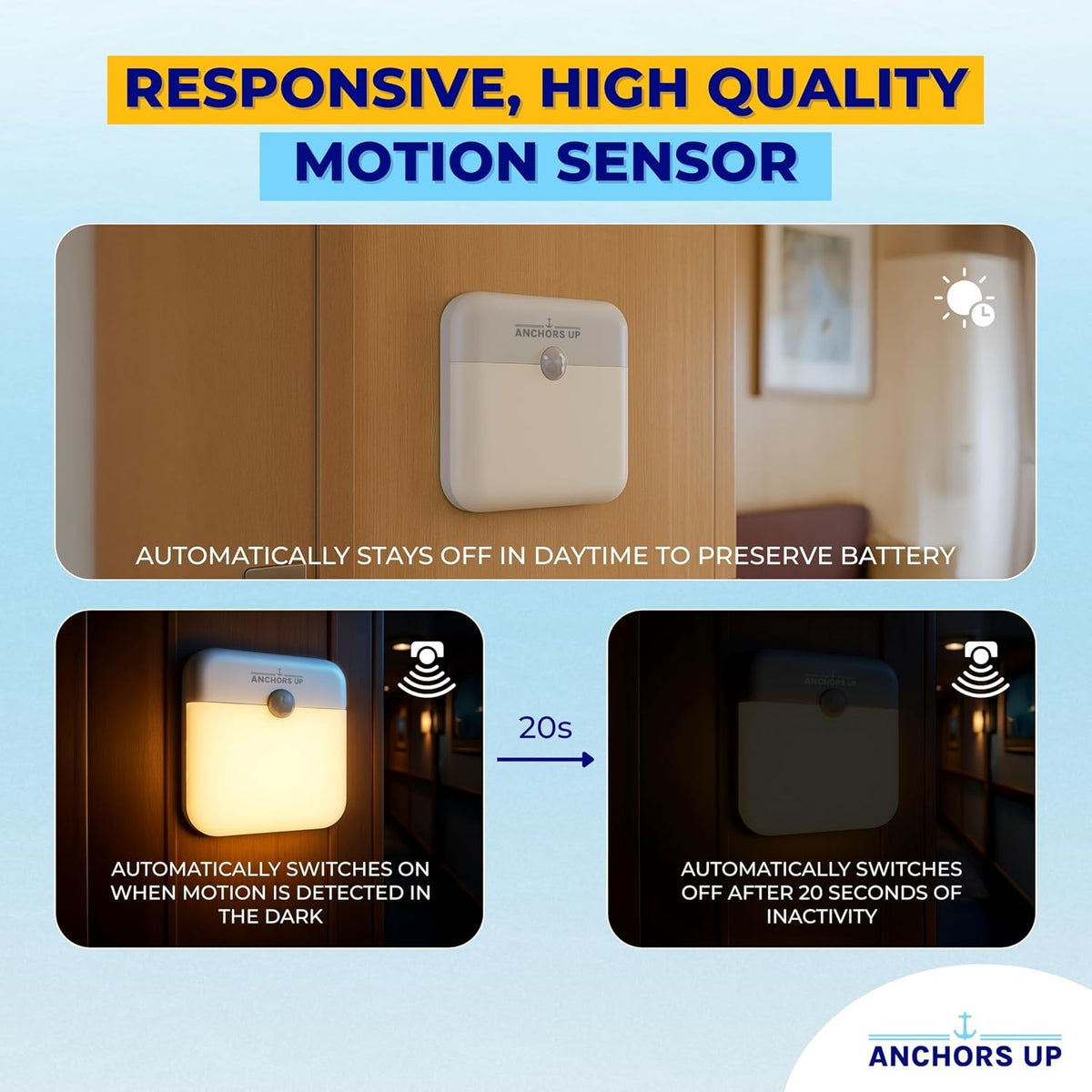 [2 Pack] Cruise Cabin & Hotel Room Magnetic Night Light with Motion Sensor USB Rechargeable – Warm White LED Motion Sensor Light – for Cruises, Hotels, Travel and More – Essentials by AnchorsUp