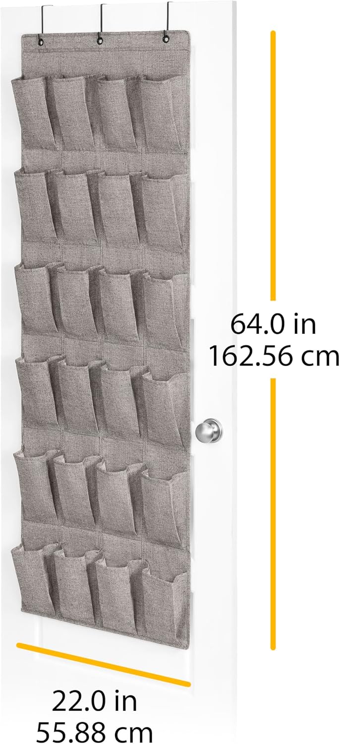 Whitmor 24 Pocket Over The Door Shoe Organizer, 64" x 22", Heavy-Duty Metal Hooks, Multipurpose Storage, Gray