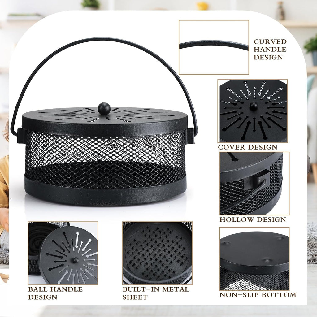 Lallisa 2 Pieces Mosquito Coil Holder Incense Coil Holder Round Retro Portable Metal Hanging Incense Burner Holders with Handle for Home Indoor Outdoor Camping Patio (Black)