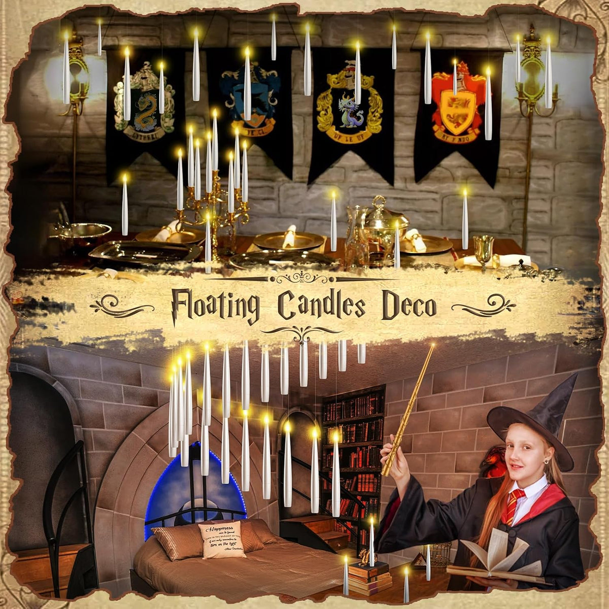 TLPUHU Halloween Floating Candles 18 Pcs - Magical Flameless Candles with Wand Flickering Warm Lights Ideal for Indoor Window Bedroom Halloween Cosplay Birthday Theme Party Decor
