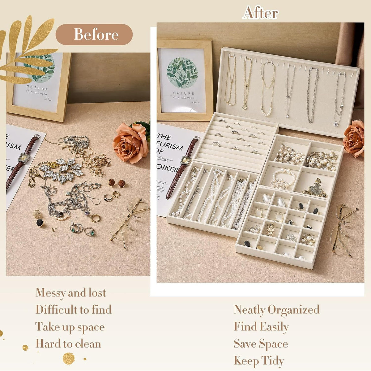 Cinnvoice Set of 10 Stackable Jewelry Organizer Tray for Drawer, Beige