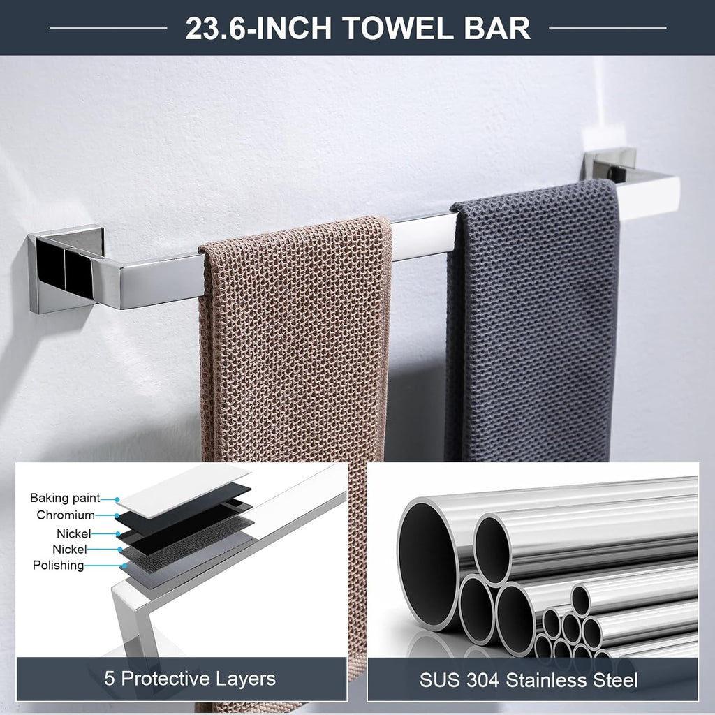TQKAG 6-Piece Towel Bar Set, 23.6" Bathroom Hardware Set, Polished Chrome