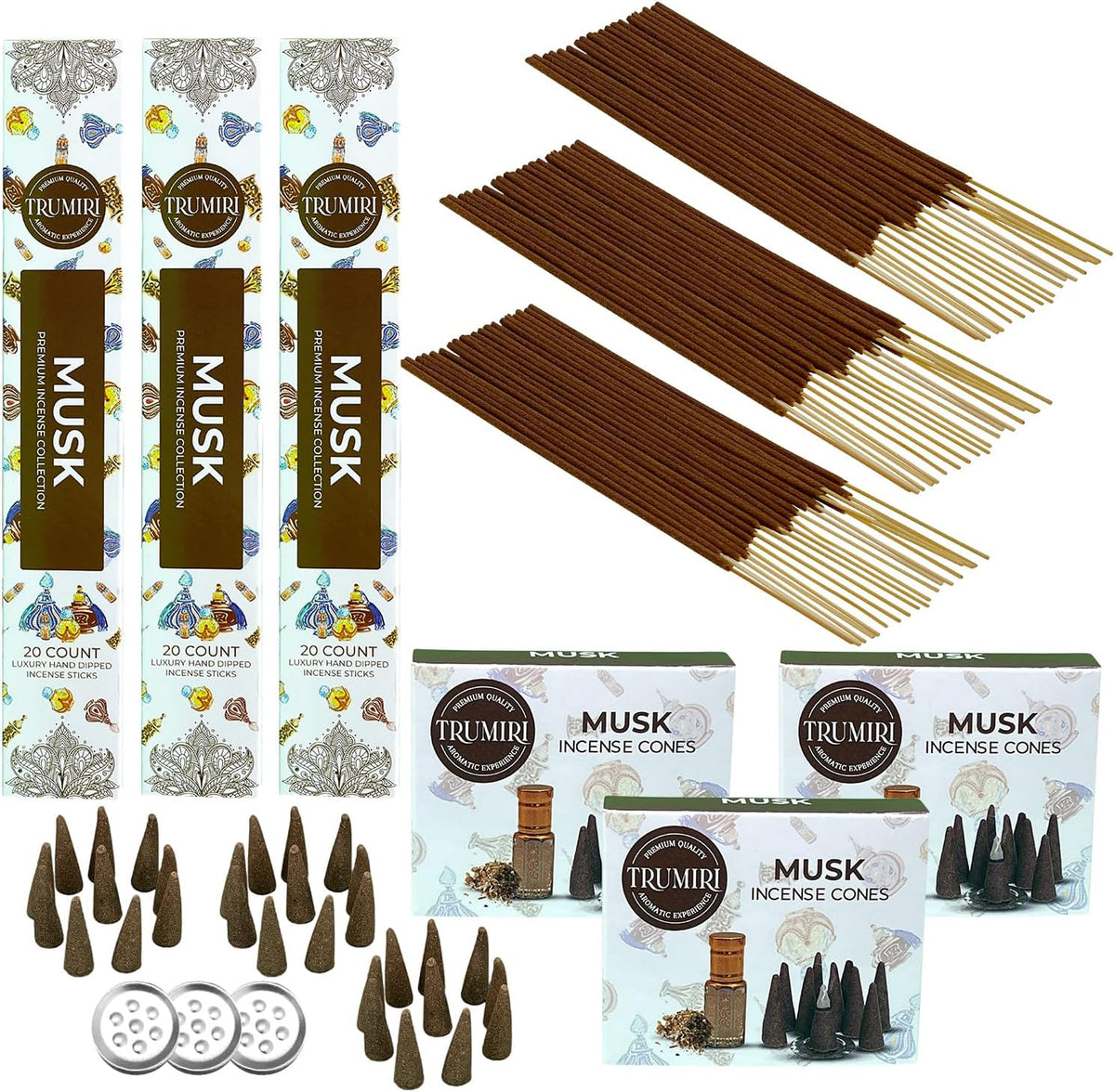 Musk Incense Sticks & Incense Cones Combo Pack - 60 Insence-Sticks + 30 Insence Cones - Inscense - Incense Cones Scented - Insents