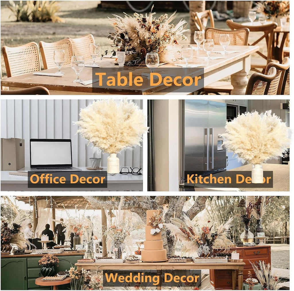 10 PCS Beige Pampas Grass Decor, Naturally Dried Pompas, Bunny Tails Dried Flowers, and Dried Eucalyptus. Perfect for Weddings, Boho Party Decorations, and Table Decor(17inch)