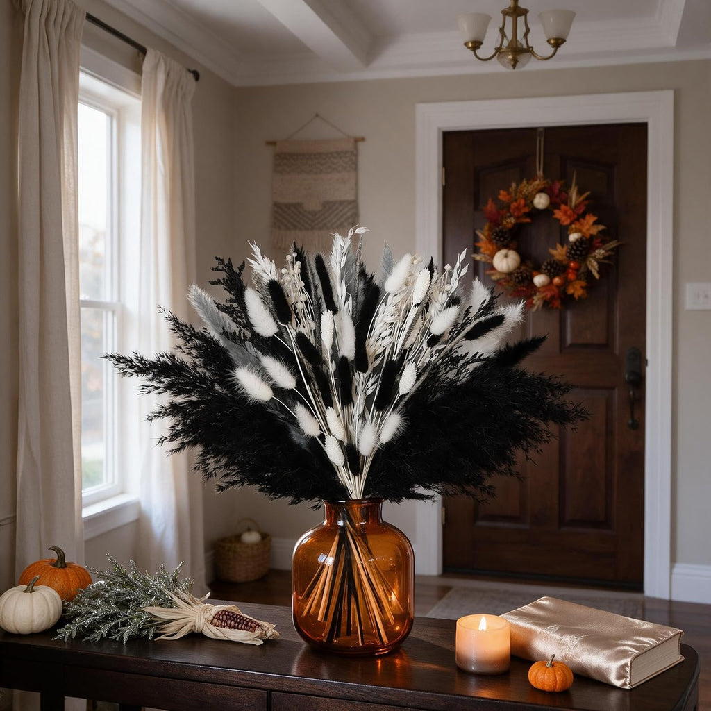 Black Pampas Grass Bouquet, Dried Flowers for Halloween and Boho Home Decor
