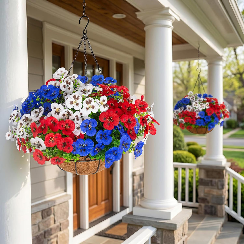 lovemoon 2 Sets Artificial Hanging Pansies Flowers with Baskets, 24 Pcs Faux Patriotic Silk Pansy Outdoor Flower for Porch Patio Garden Home Summer 4th of July Decor (2, RedWhiteBlue)