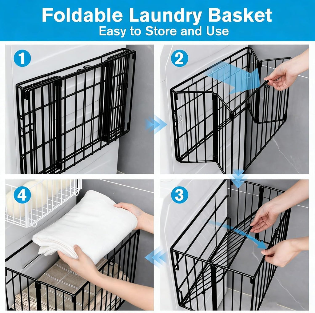 Magnetic Collapsible Laundry Basket, Foldable Metal Laundry Hamper for Washing Machine Side, Space Saving Pop Up Hamper, Laundry Room Organization and Storage (Black)