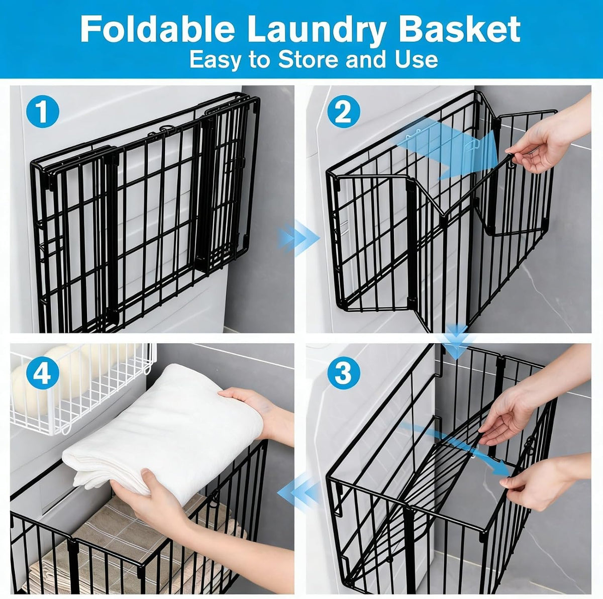 Magnetic Collapsible Laundry Basket, Foldable Metal Laundry Hamper for Washing Machine Side, Space Saving Pop Up Hamper, Laundry Room Organization and Storage (Black)