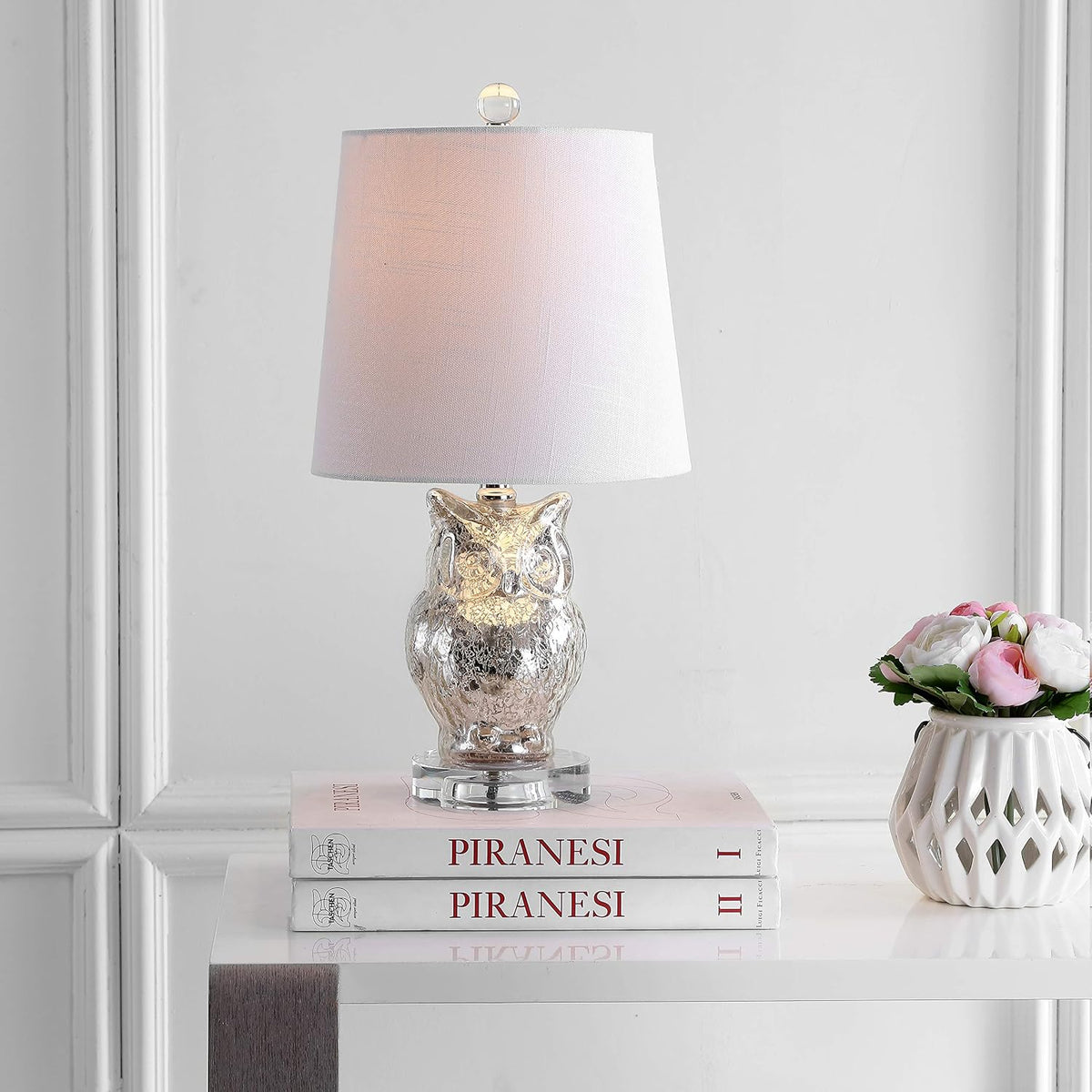 JONATHAN Y Night Owl 19" Glass Table Lamp Crystal Base, Silver/Ivory