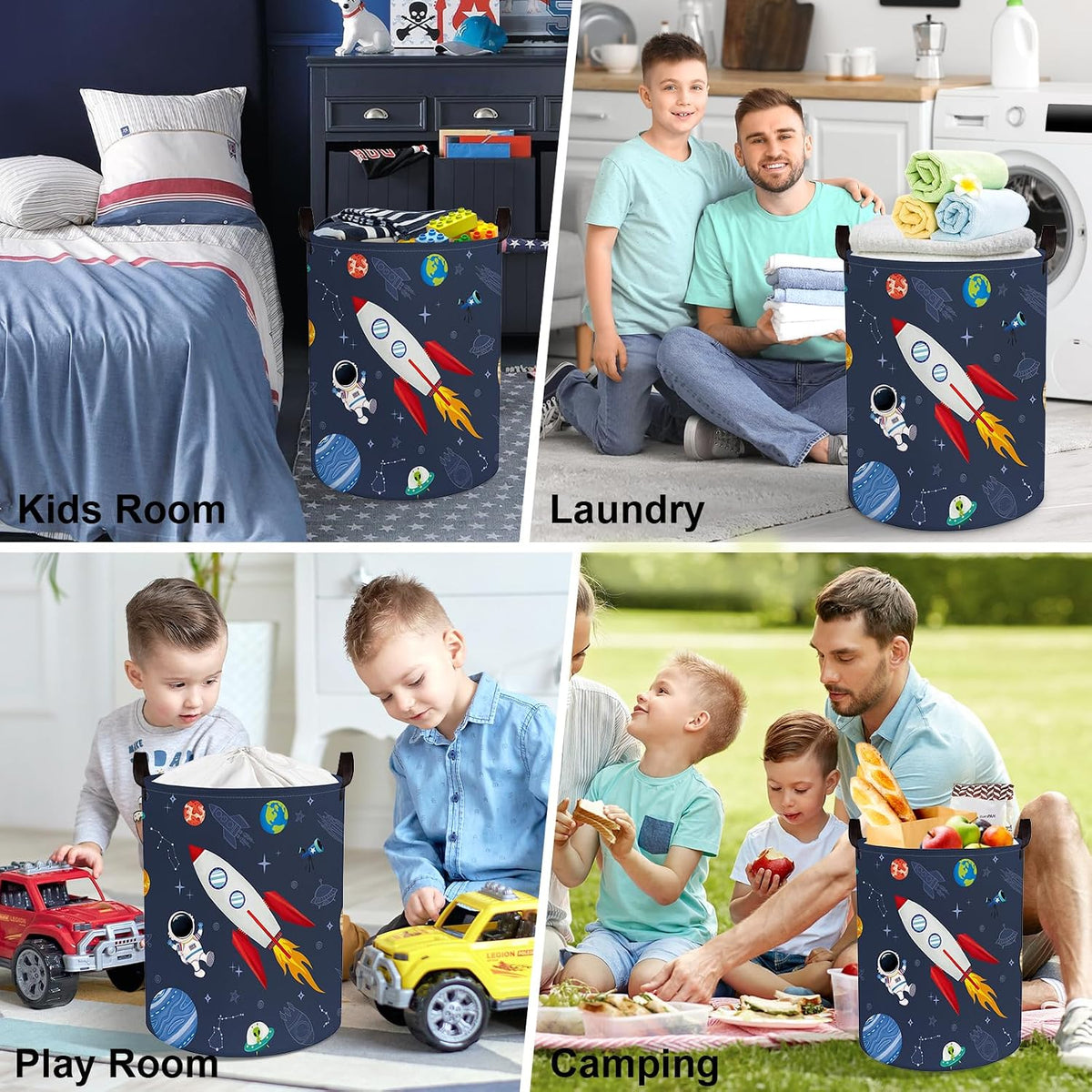 Clastyle 63L Cosmic Astronaut Rocket Laundry Hamper for Boy Large Large Collapsible Dirty Clothes Kid Laundry Basket Dark Blue Toys Storage Basket with Lid, 15.7x19.7 in